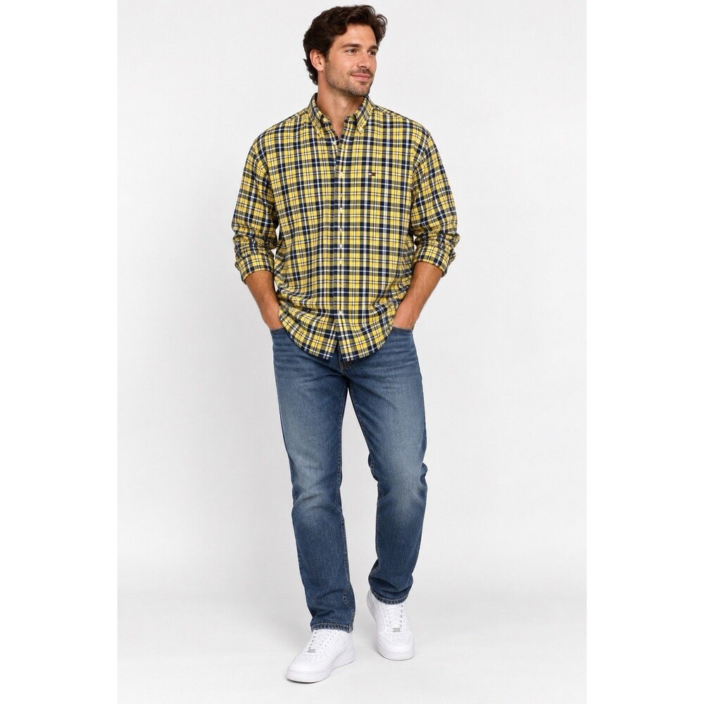 Tommy Hilfiger Mens Large Yellow Navy Plaid Button Down Shirt Long Sleeve Cotton